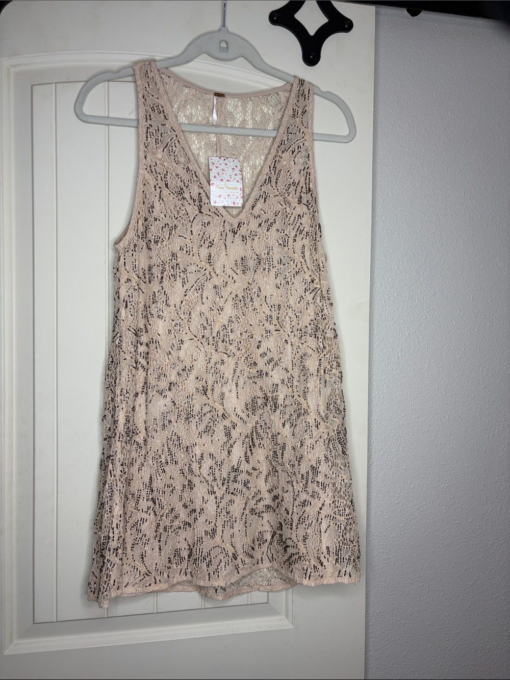 Free People Shine On Nude Lace Mini Dress Beaded Size XS NEW